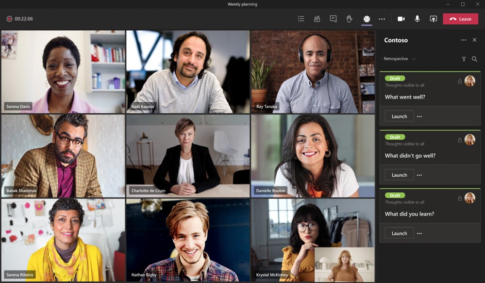 A video call with nine people using Microsoft Teams.