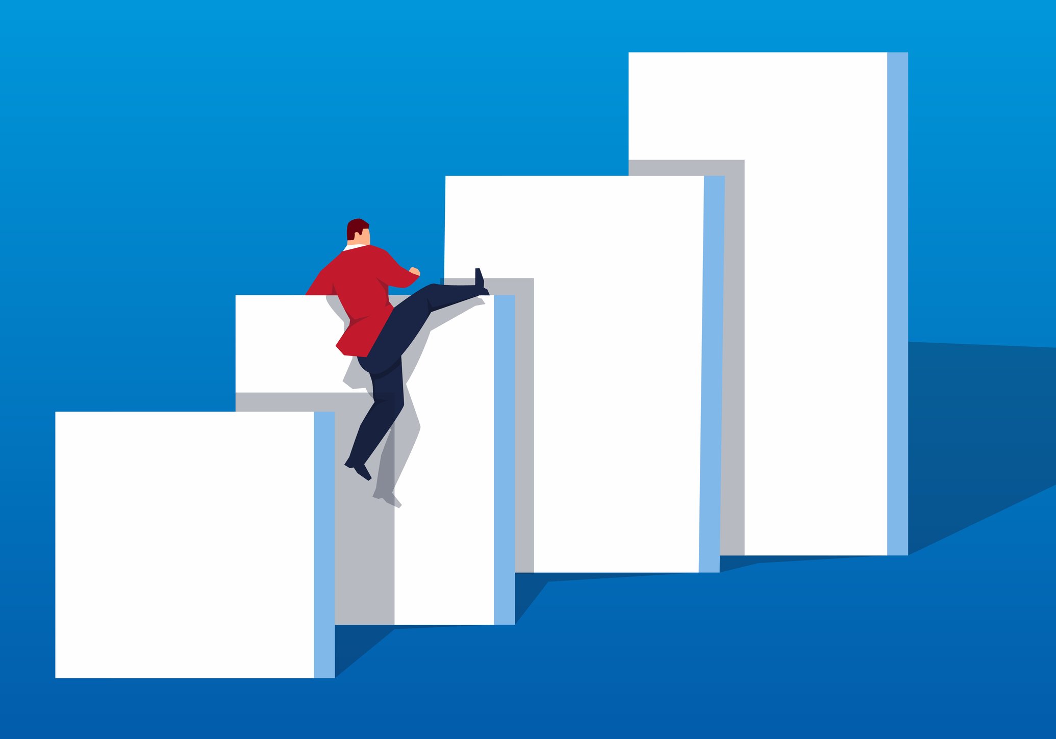 Man climbing increasingly higher walls