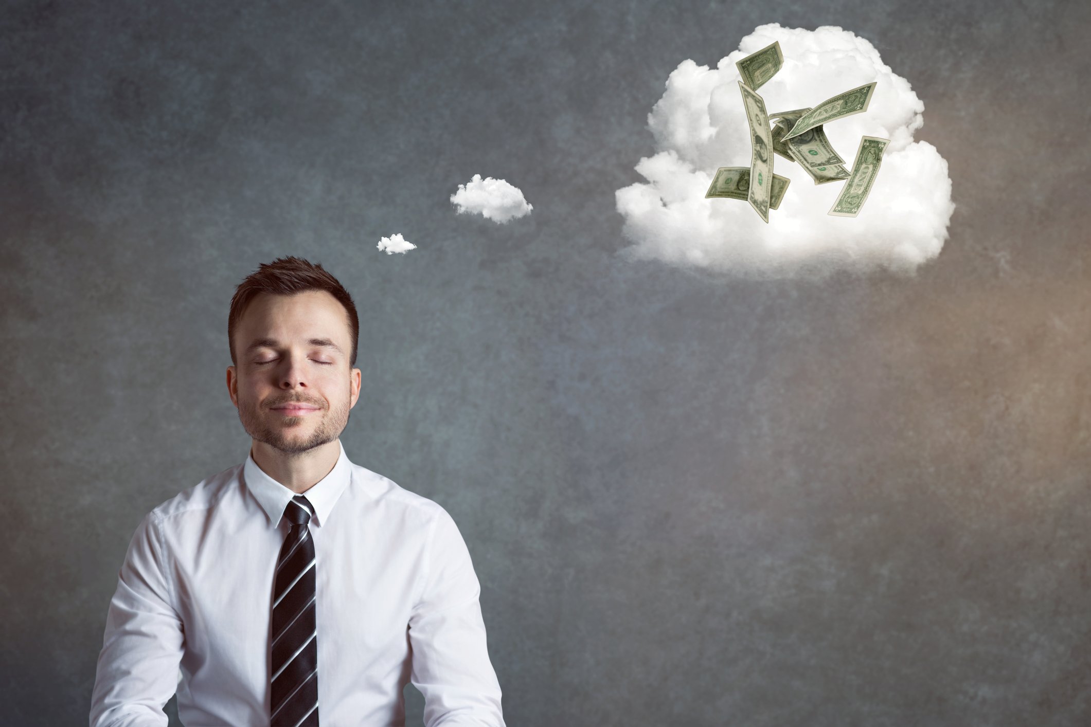 A person with their eyes closed and a thought cloud containing cash emerging from their head. 