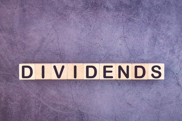 The word dividends spelled out in wooden blocks.