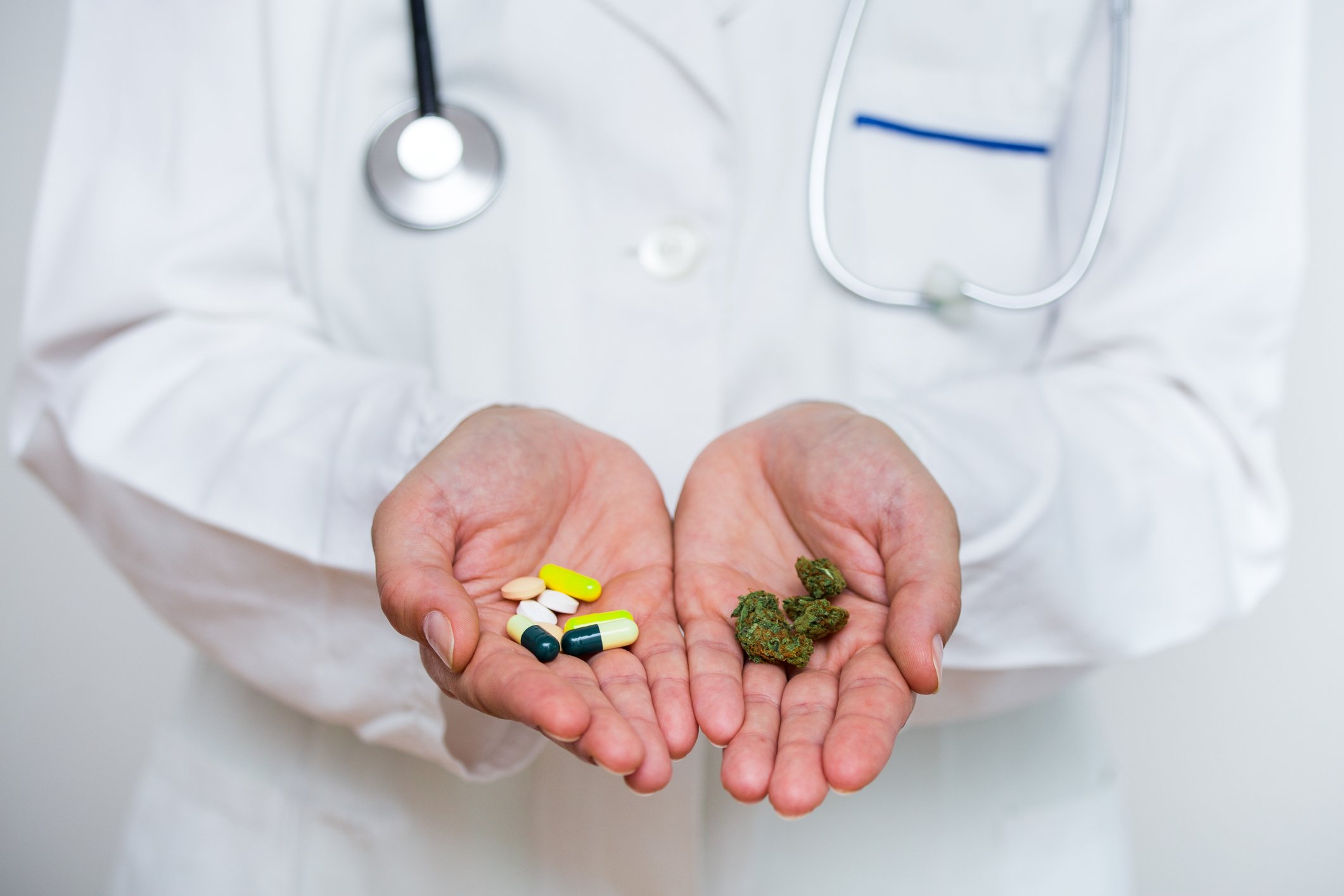 Doctor holding pills in one hand and marijuana buds in the other