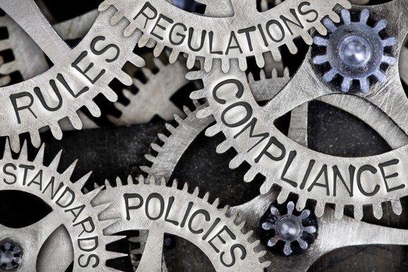 Business law depicted as a set of gears labeled "rules,' 'regulations,' 'compliance,' 'policies,' and 'standards.'