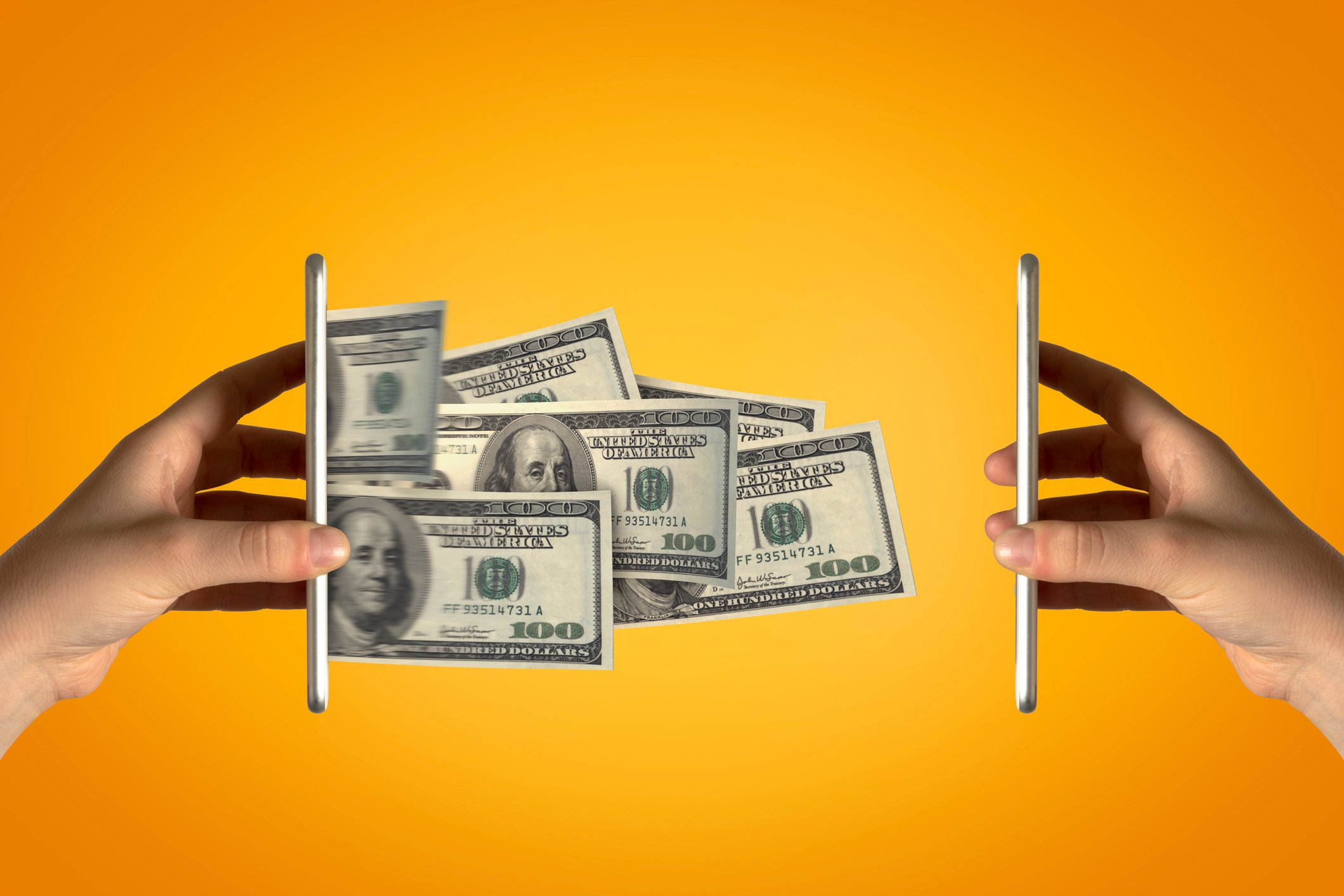 Money "leaping" from one smartphone to another.
