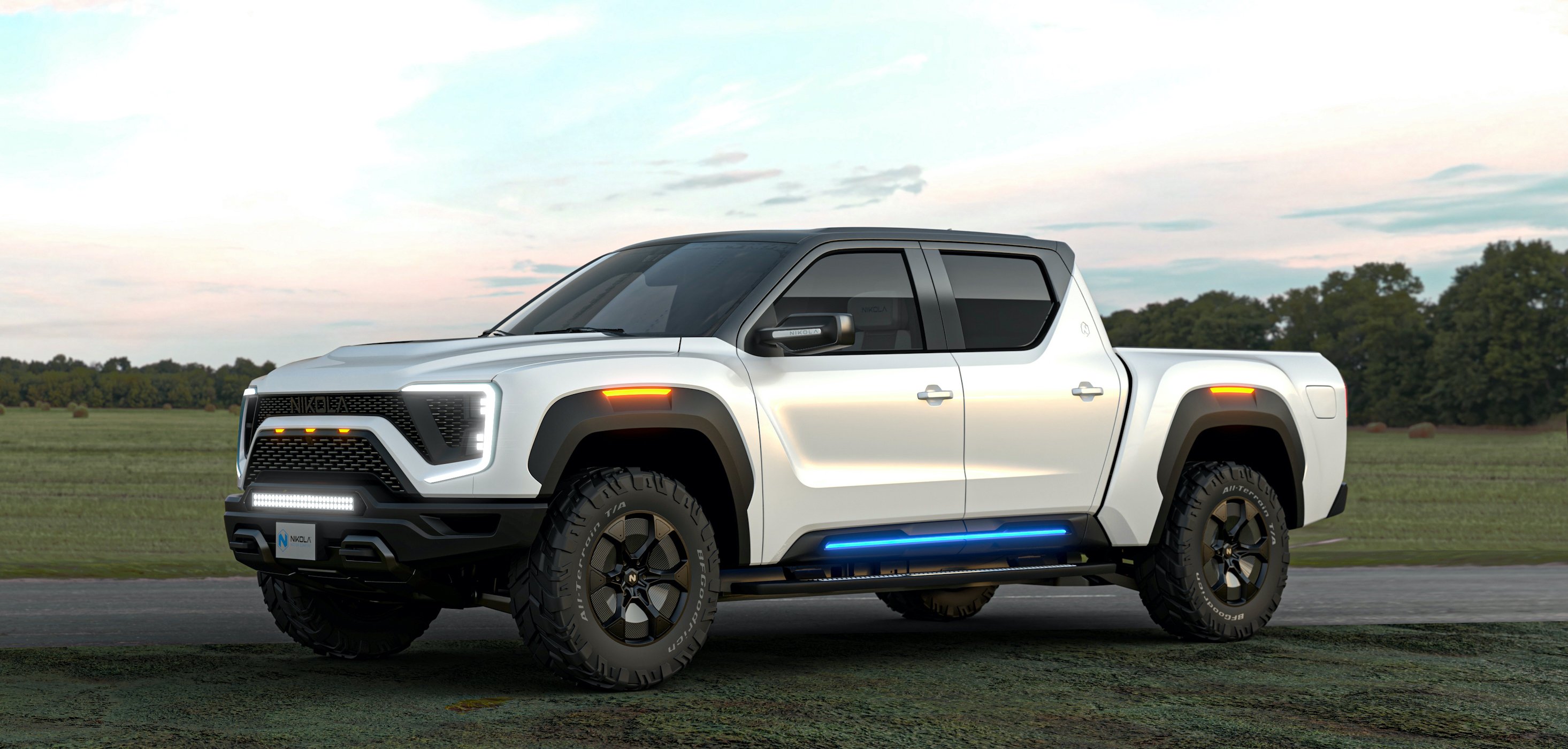 A silver Nikola Badger prototype, an electric pickup truck. 