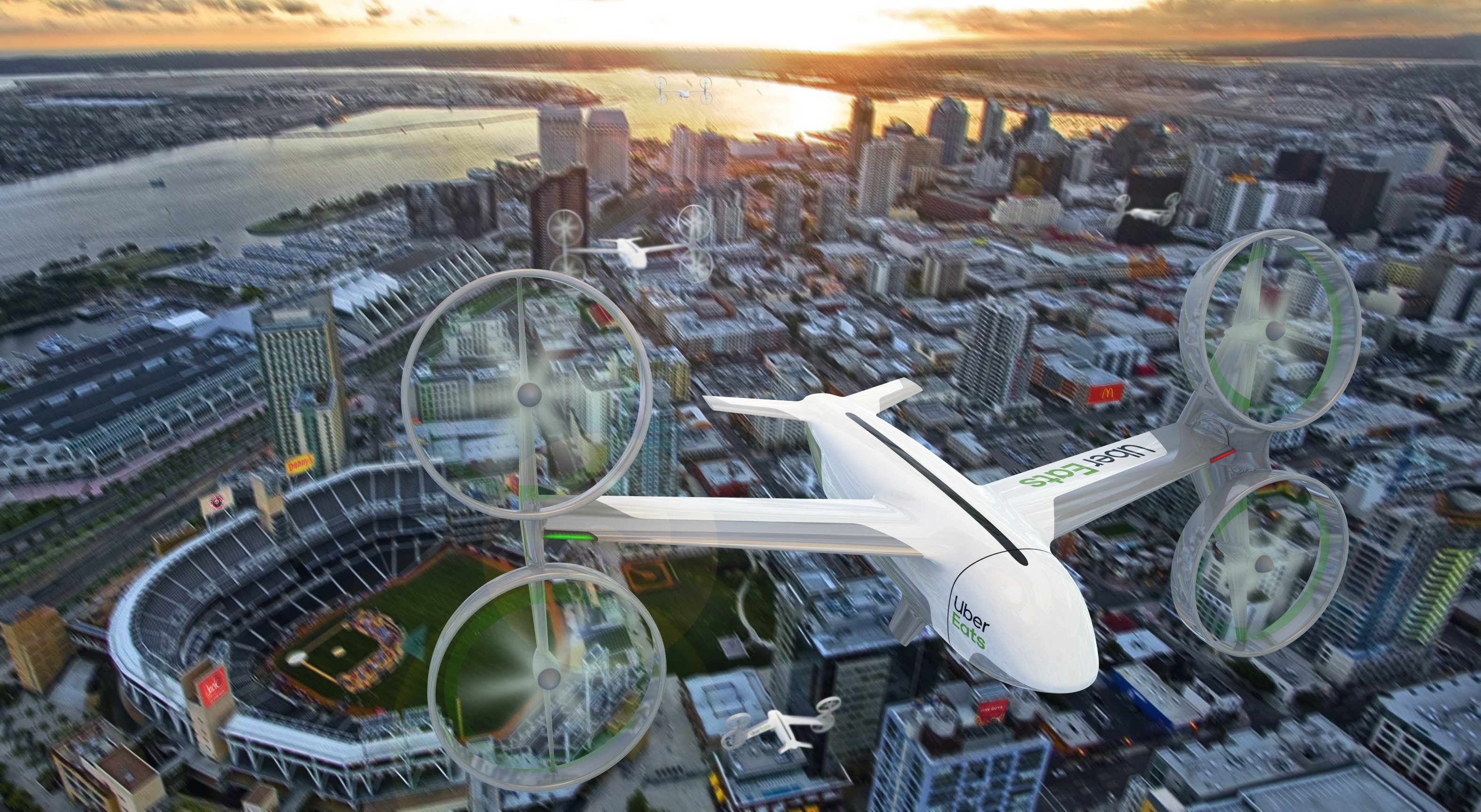 Rendering of Uber Eats drones over San Diego.