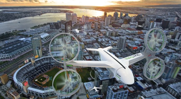 Rendering of Uber Eats drones over San Diego.