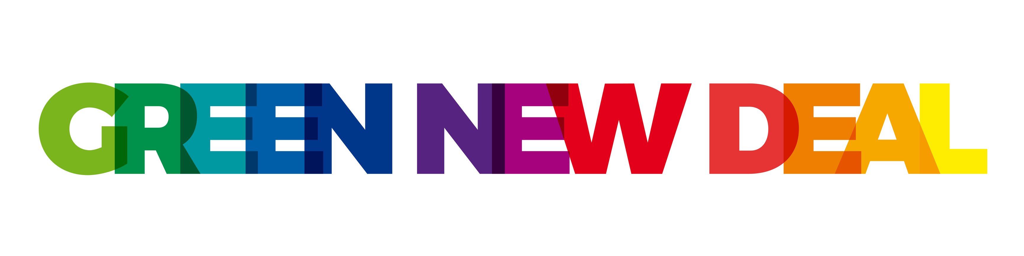 GREEN NEW DEAL in rainbow colors and all caps