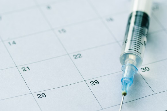 Syringe with needle on top of a calendar. 