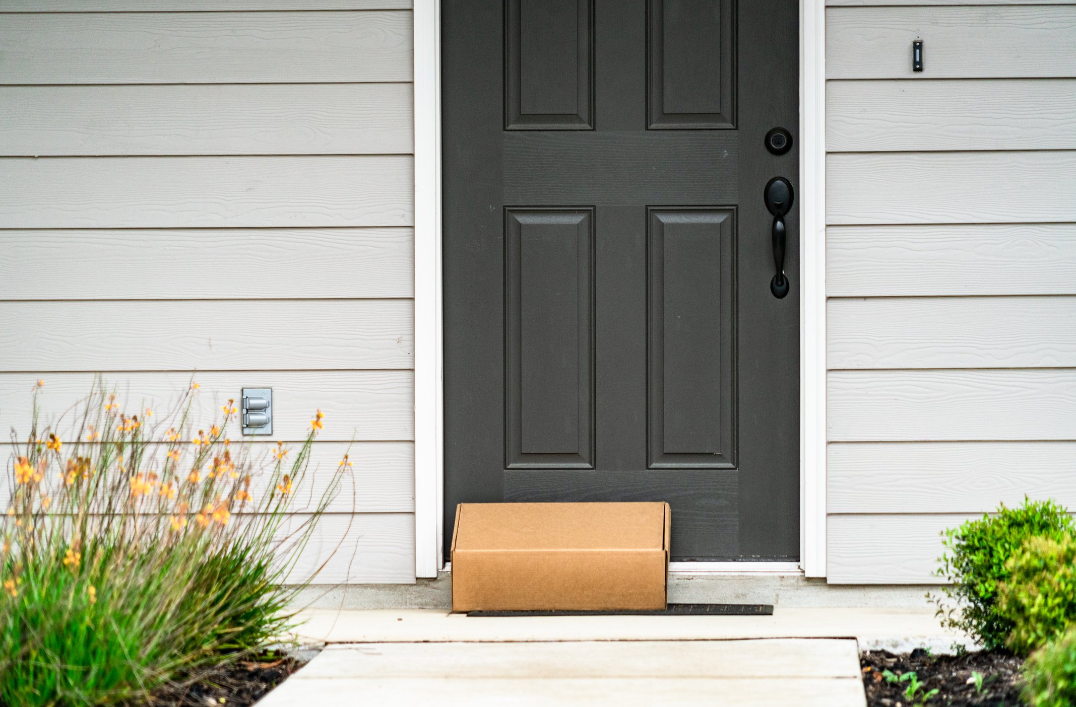 A package sits by a front door.