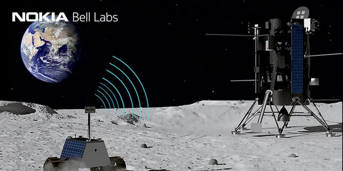 A rendering of a rover connecting wirelessly to a lunar lander