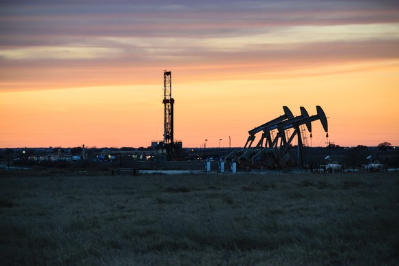 oil and gas drilling in Texas' Permian Basin at sunset