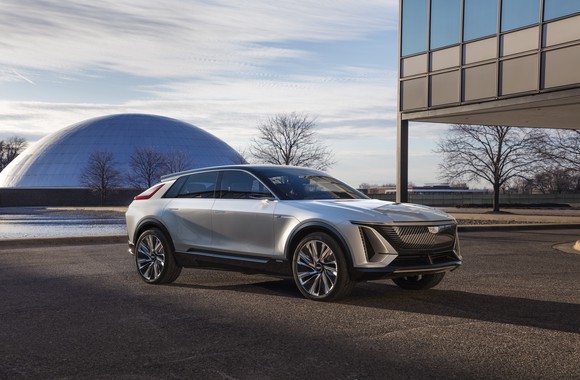 A prototype Cadillac Lyriq, a sleek electric luxury SUV.