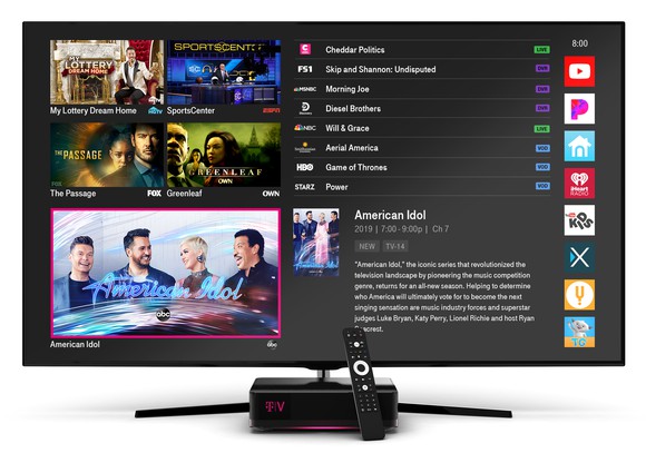A product image shows the screen interface for T-Mobile's TVision service and the console box that provides the service.