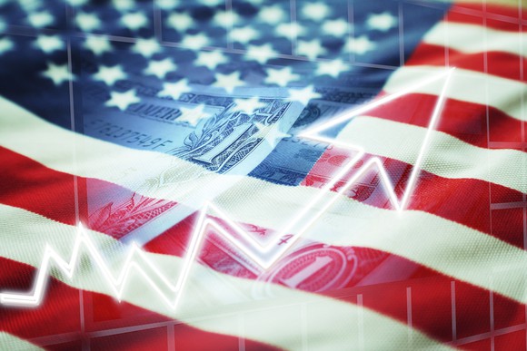 American flag with watermark of dollar bill and growth arrow.