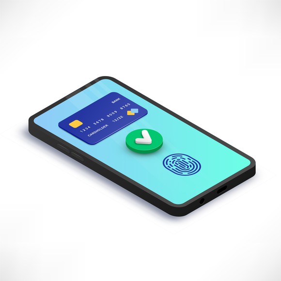 A smartphone showing a green check mark and a credit card on the screen, signifying payment.