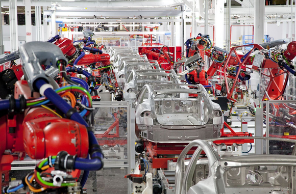 A production line in Tesla's factory in Fremont, California.