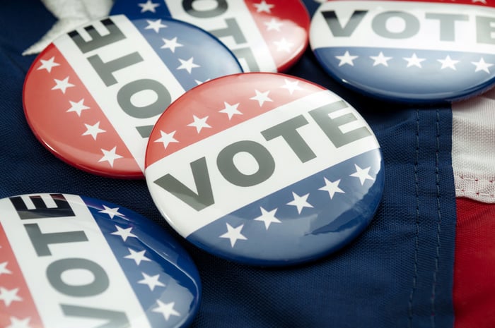Voting buttons on an American flag.