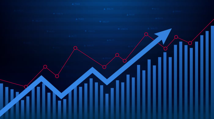 A blue arrow rising on top of  a bar chart