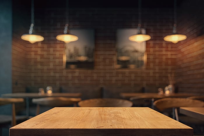 empty restaurant table with brick wall in background