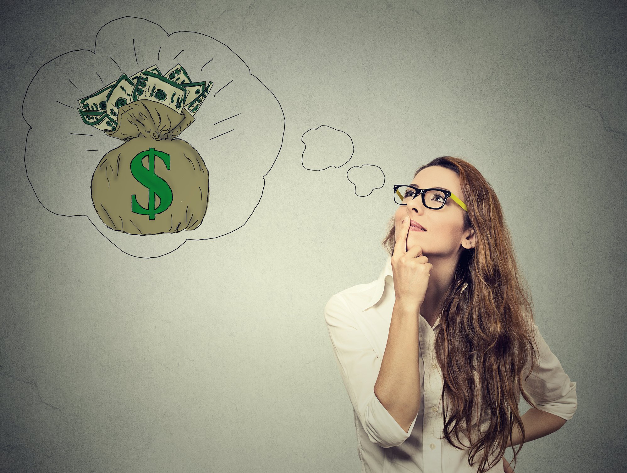 Woman with thought bubble showing bag of money