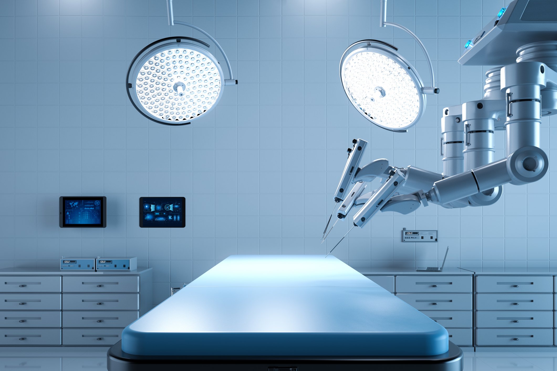 An operating room with a robotic surgery table.