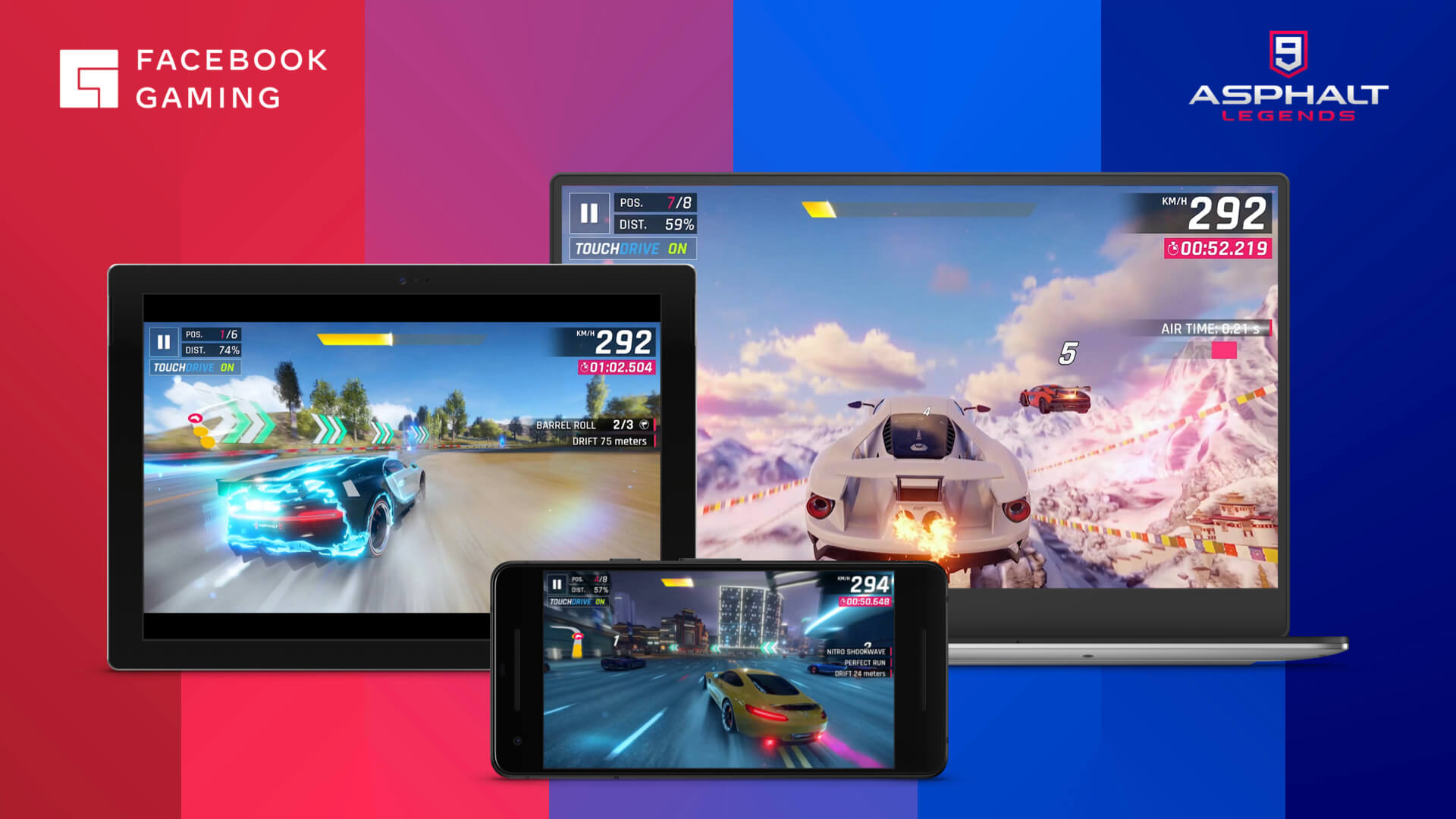 Asphalt 9: Legends shown on a laptop, notebook, and smartphone.