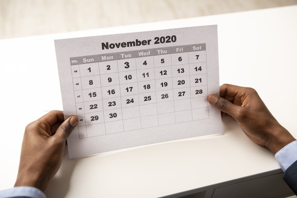 Hands holding a piece of paper showing a November 2020 calendar
