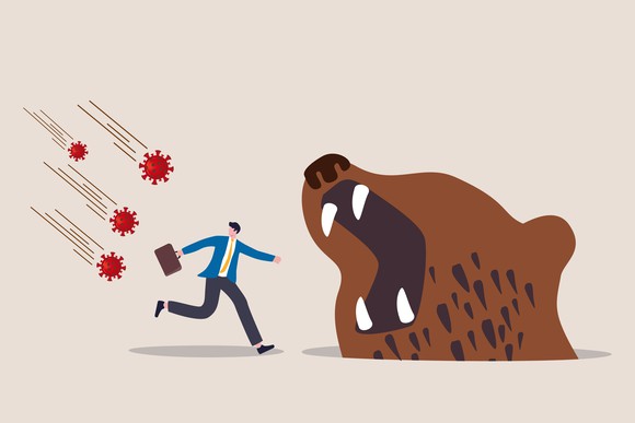 Concept art of a virus raining down on a businessman as he runs into the jaws of a bear 
