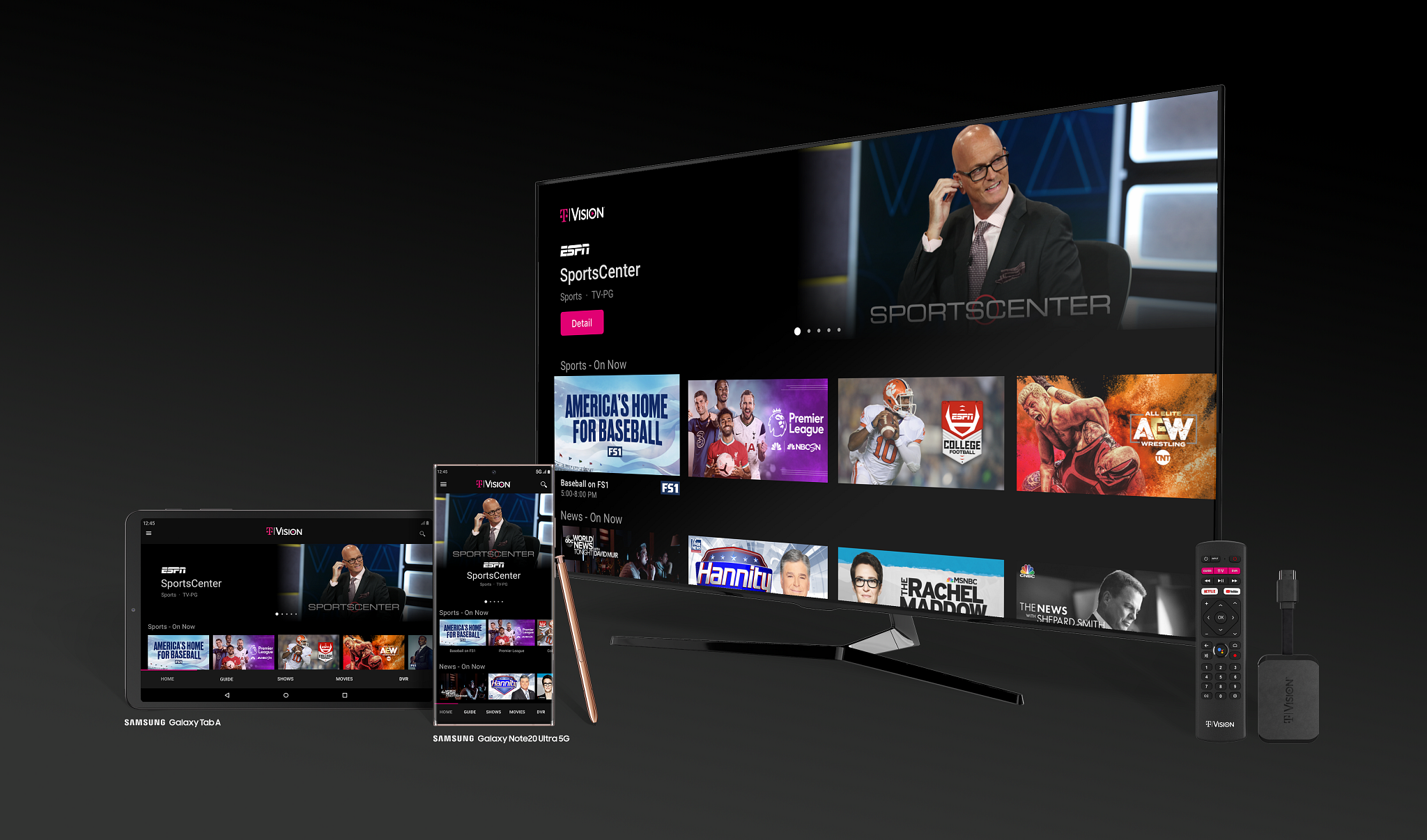 T-Mobile's TVision homescreen on tablet, smartphone, and television.