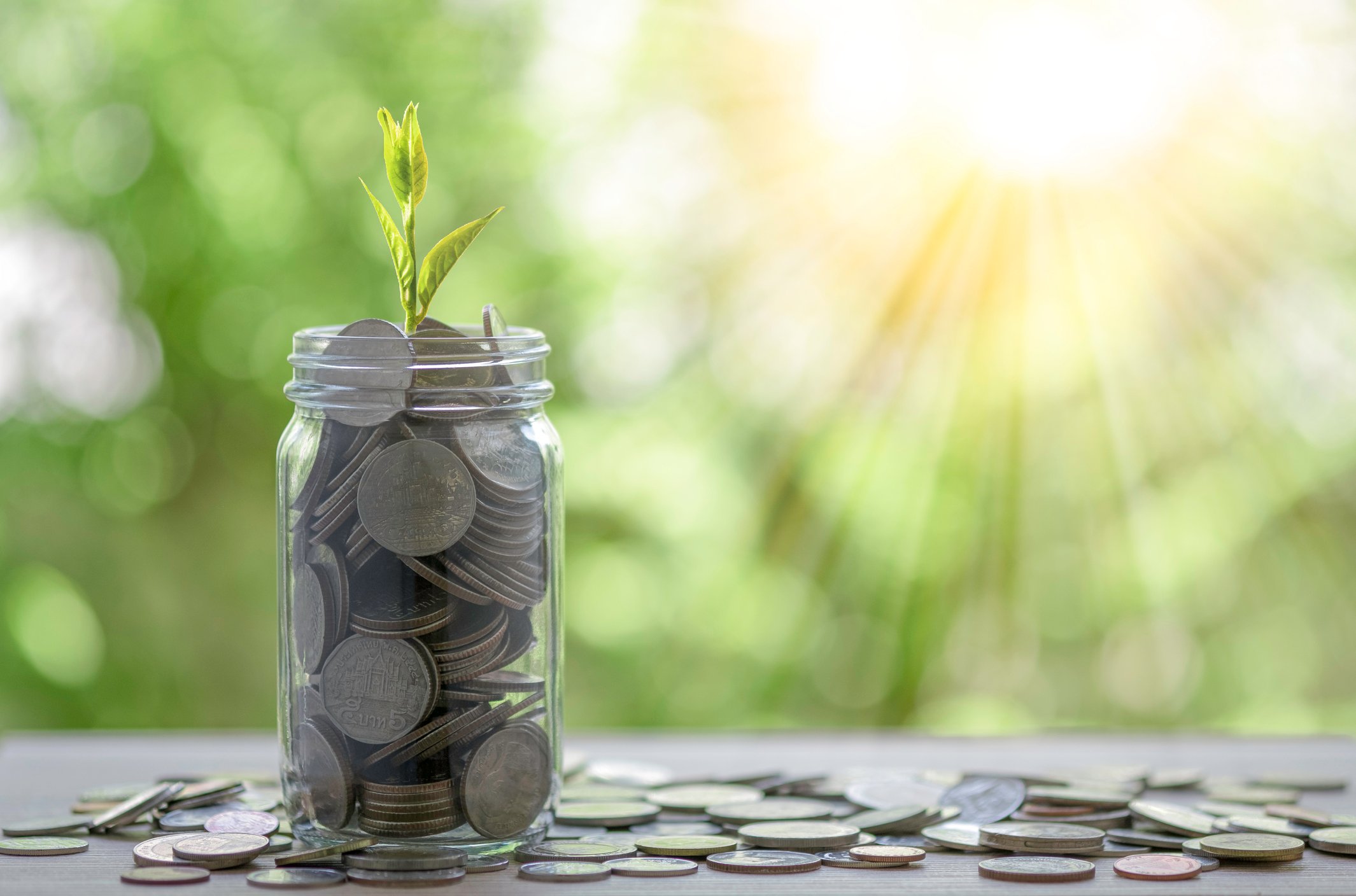 Sun shining on a jar full of coins.