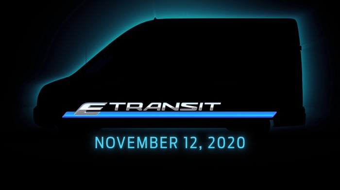 The E-Transit is shown in outline, with the words "E-Transit: November 12, 2020" below. 