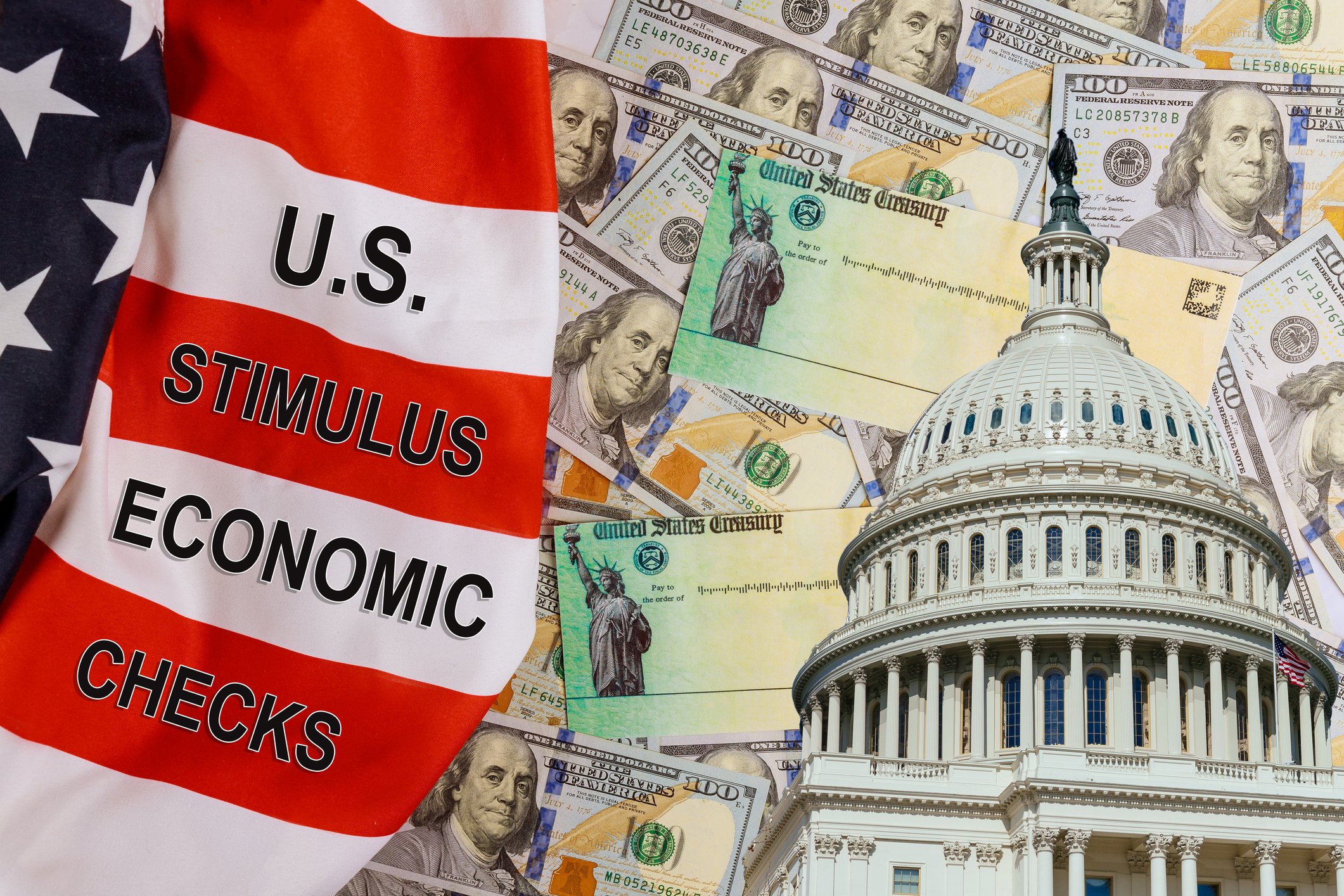 artwork of stimulus flag, capitol building, stimulus checks