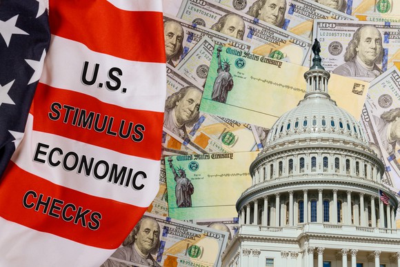 artwork of stimulus flag, capitol building, stimulus checks