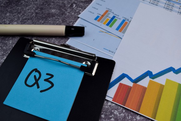 Q3 written on a note attached to a clipboard with charts next to the clipboard