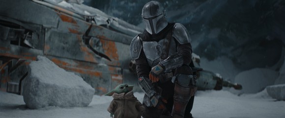 The main character during a scene from The Mandalorian.