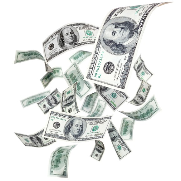 Hundred dollar bills raining down.