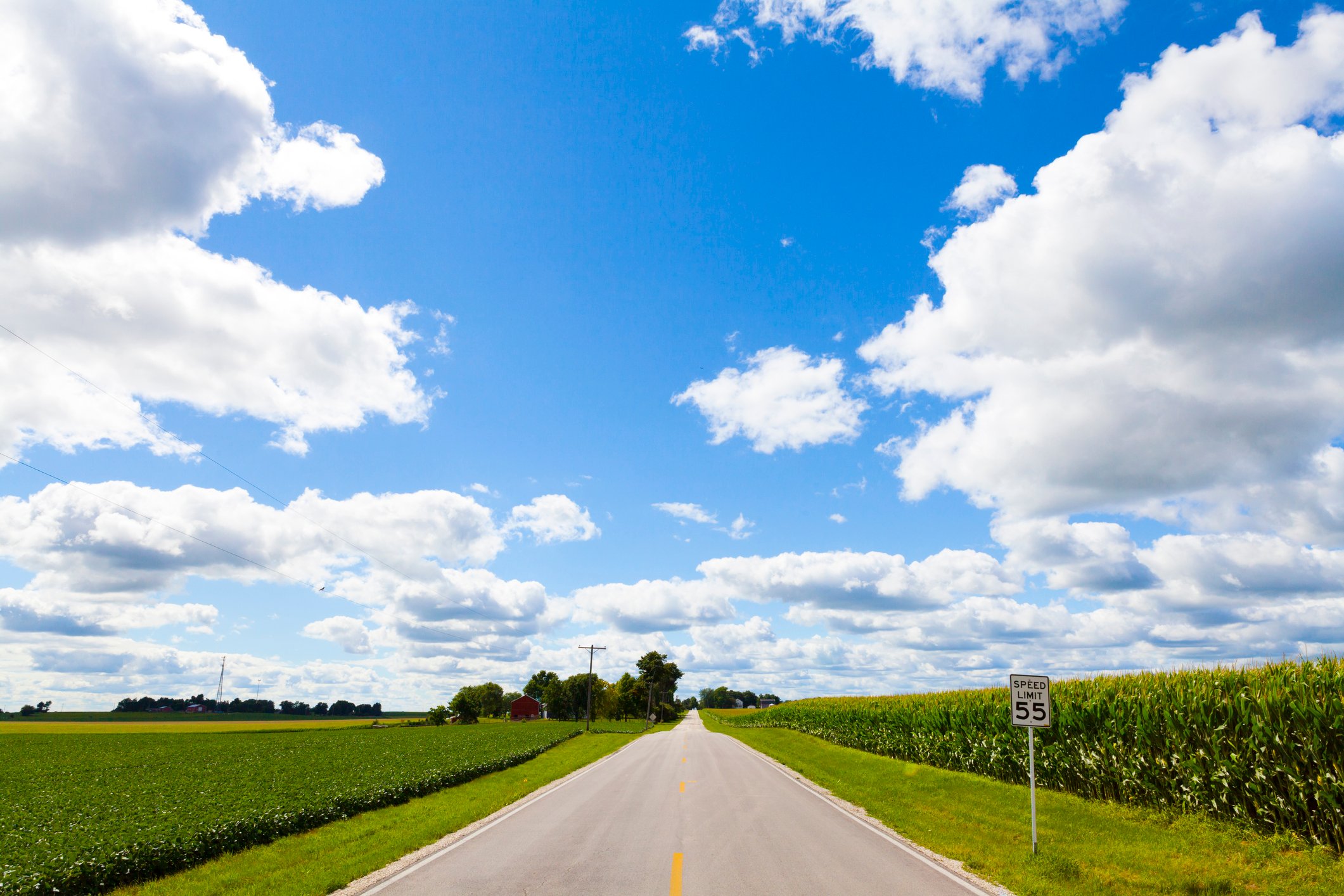 A rural country road surrounded by farm land.