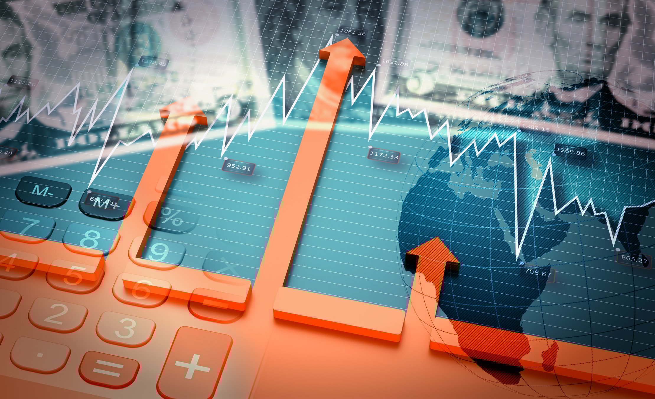 Money and arrows going up over a calculator.