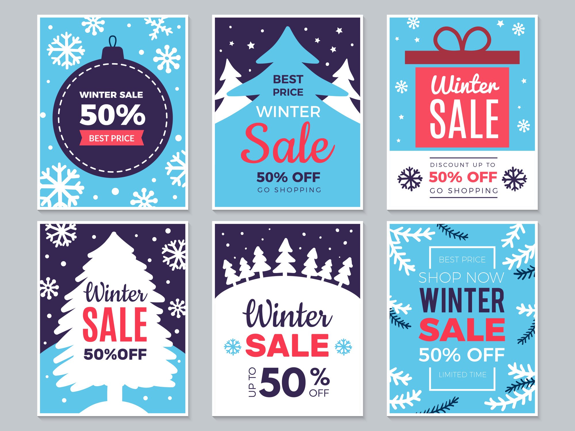Six holiday-themed promotion cards saying 50% off. 