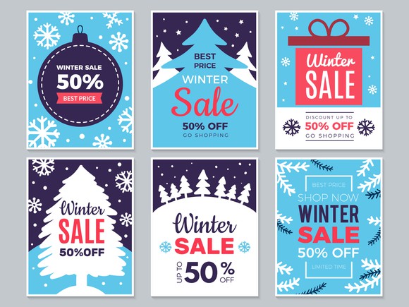 Six holiday-themed promotion cards saying 50% off. 