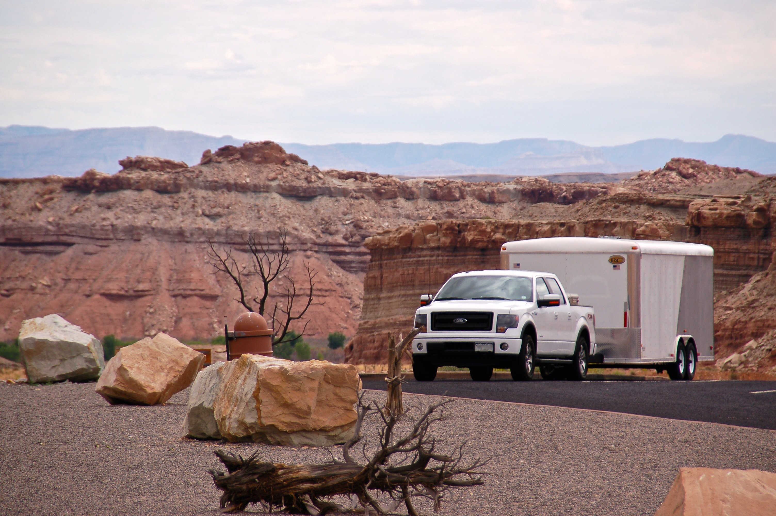 Ford truck in desert landscape. 