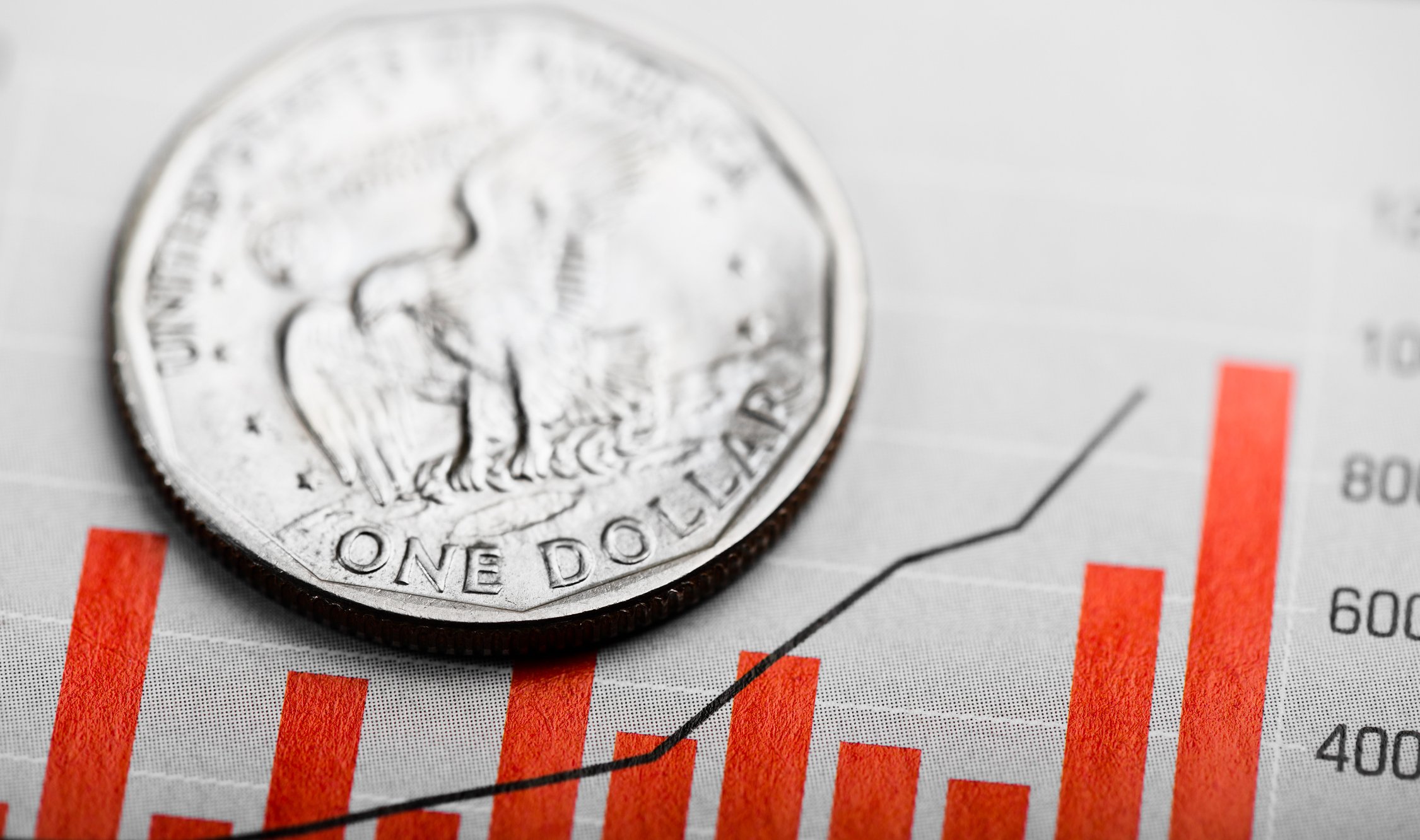 A silver dollar resting on a chart showing strong growth.