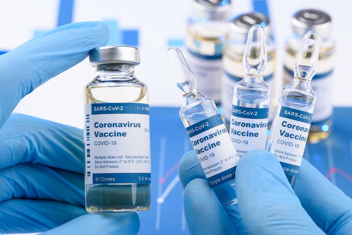 Hands in blue sterile gloves holding vials labeled Coronavirus Vaccine