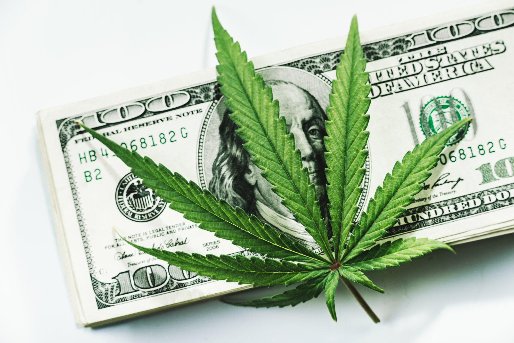 Cannabis leaf on a stack of $100 bills