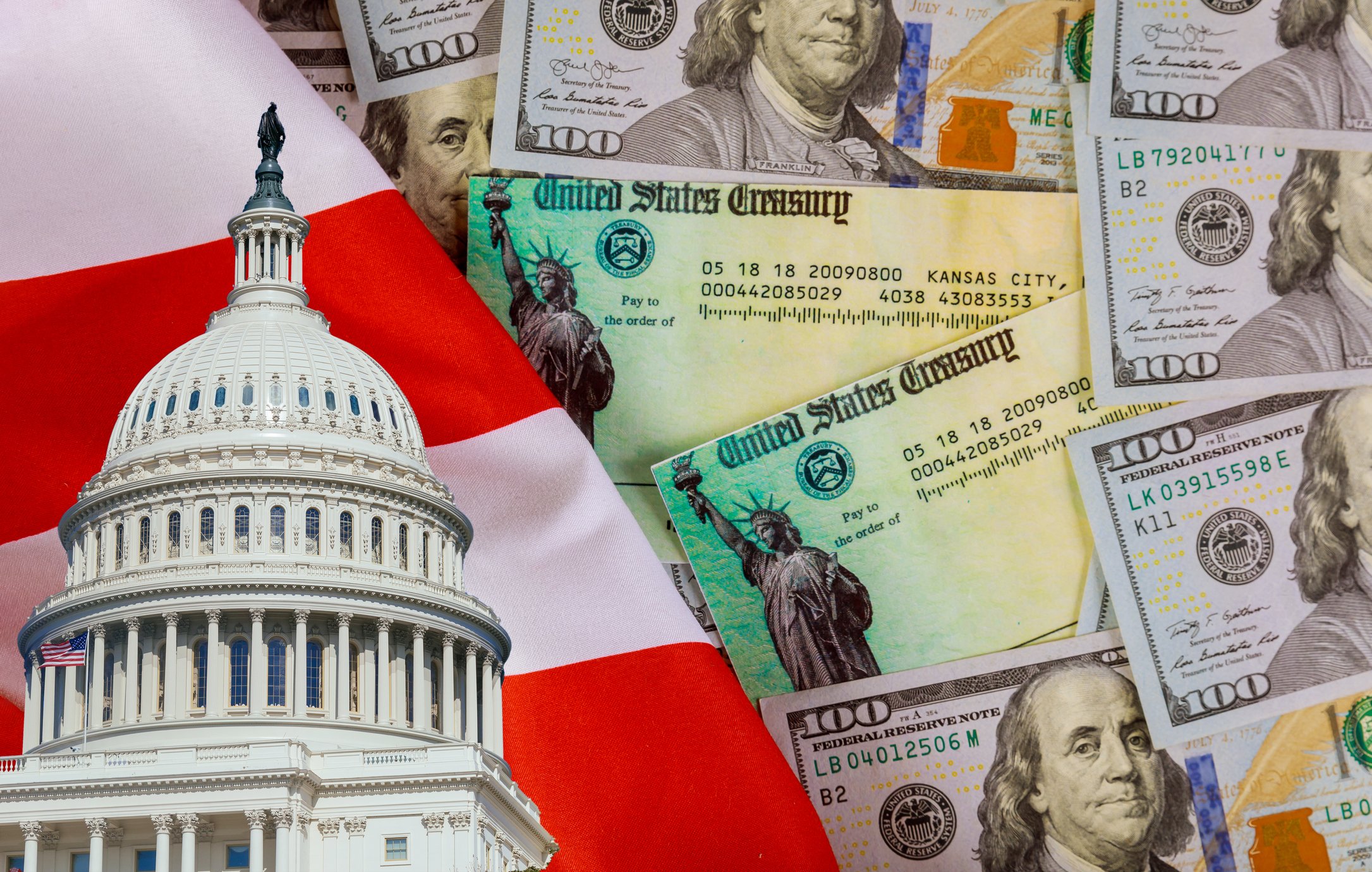 Capitol dome image over American flag with treasury bonds and hundred dollar bills.