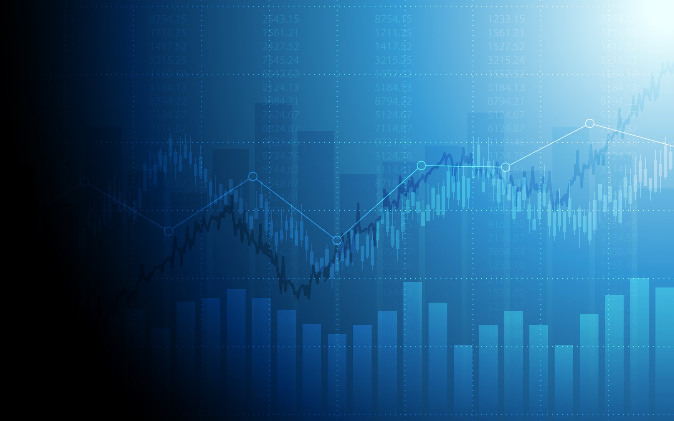 A line and bar chart on a blue background.