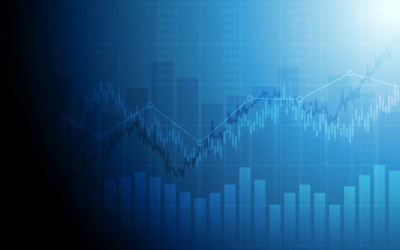 A line and bar chart on a blue background.