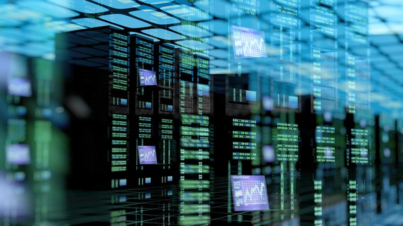 Data center with running servers and overlaid screen readouts.