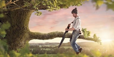 sawing a tree limb sitting on
