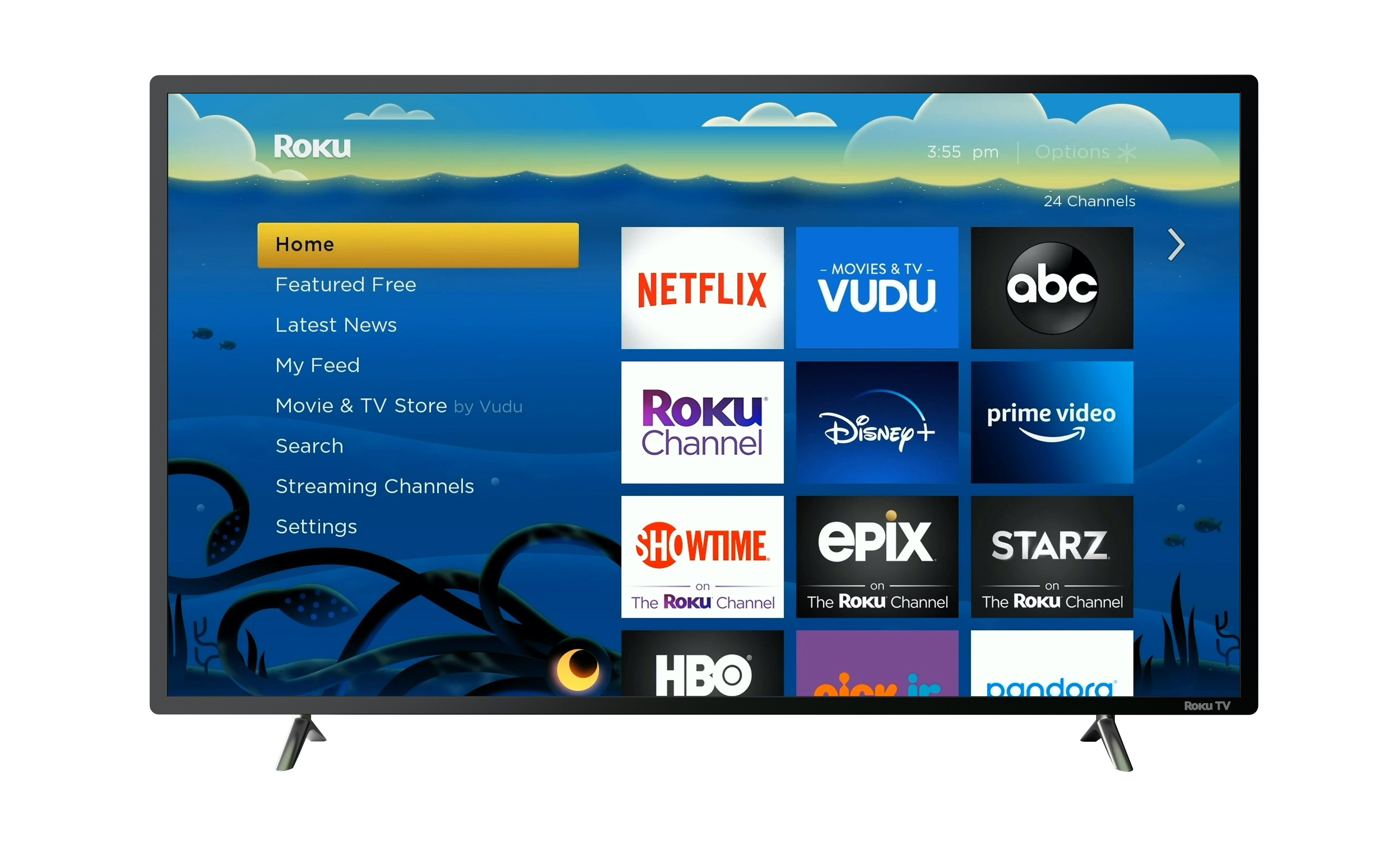 A Roku television displays the platform's menu.